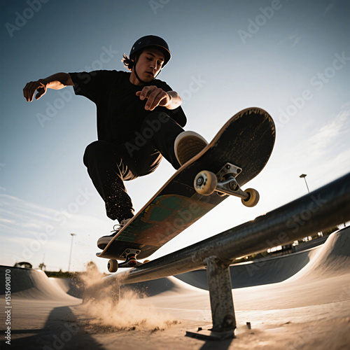 Skateboarder grinding on rail at skate park with clear sky