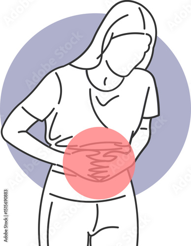 Illustration of bent over woman with severe abdominal pain highlighted in minimalist vector style
