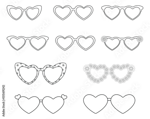 Outline vector illustration of heart-shaped sunglasses.