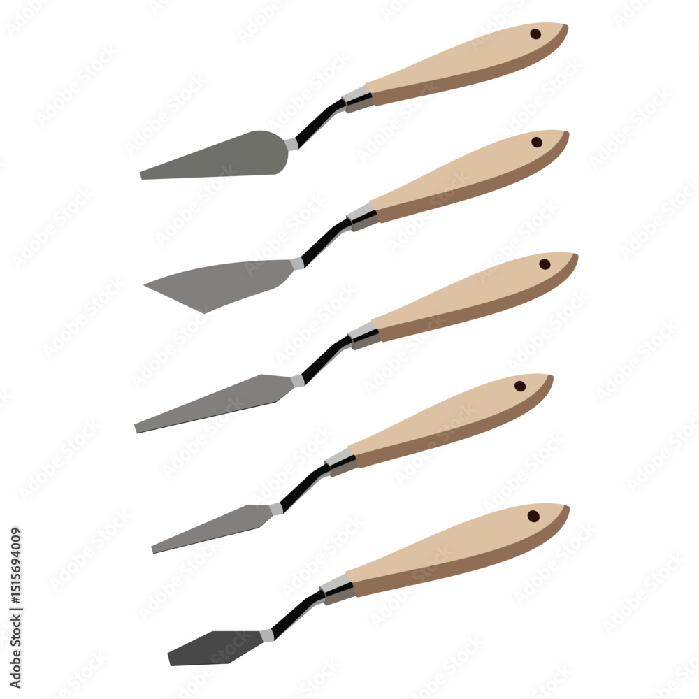 Set of five painting palette knives with wooden handles Set of five painting palette knives with wooden handles