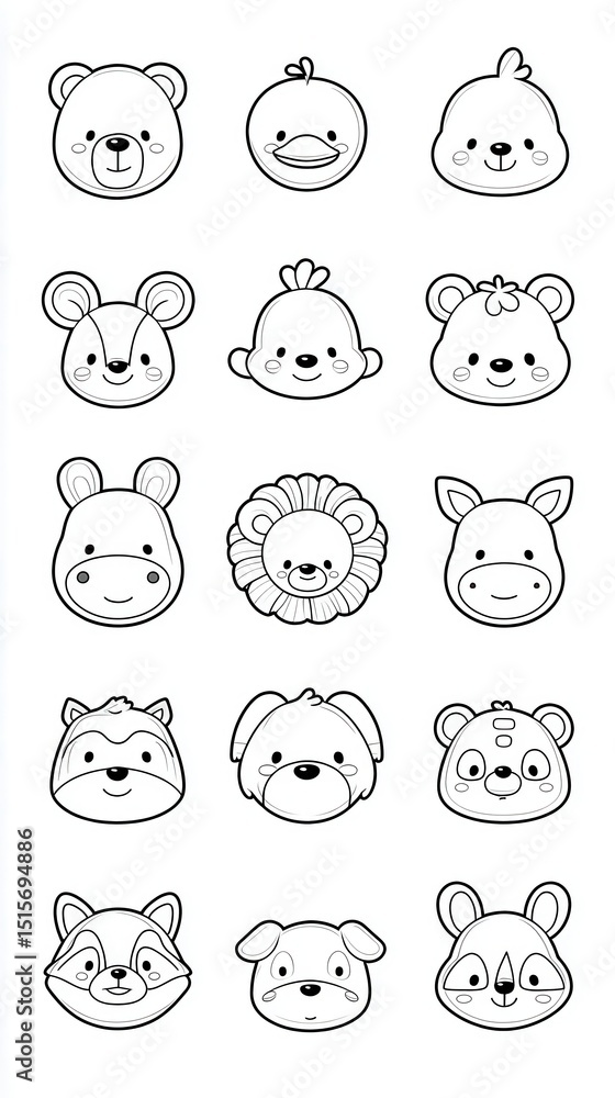 Cute animal faces in black and white. Cute animal faces in black and white.