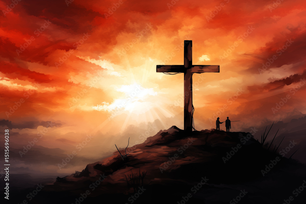 Easter morning with cross illustration drawing Easter morning with cross illustration drawing