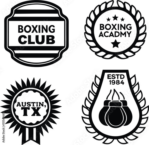 Four black and white boxing themed logos including club academy austin texas and established in nineteen eighty four