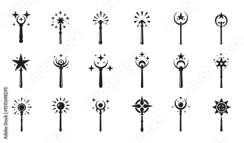 Collection of magical wands with stars and moons in a modern minimalist vector style