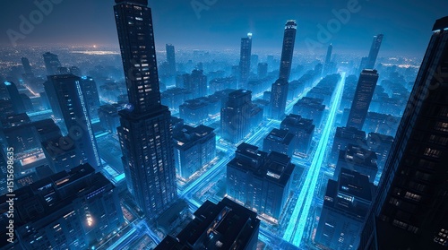 High-tech futuristic cityscape illuminated by blue neon lights