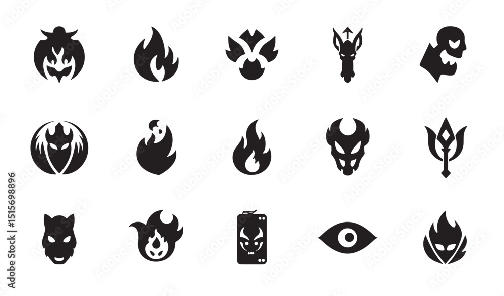 Collection of mystical and devilish silhouettes in a bold and minimalist black design Collection of mystical and devilish silhouettes in a bold and minimalist black design