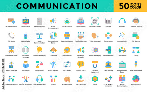Communication icons set with secure messaging, online forum, feedback form, public announcement, virtual assistant, online survey, qr code scanner, barcode, help desk icon. Simple flat color  vector 
