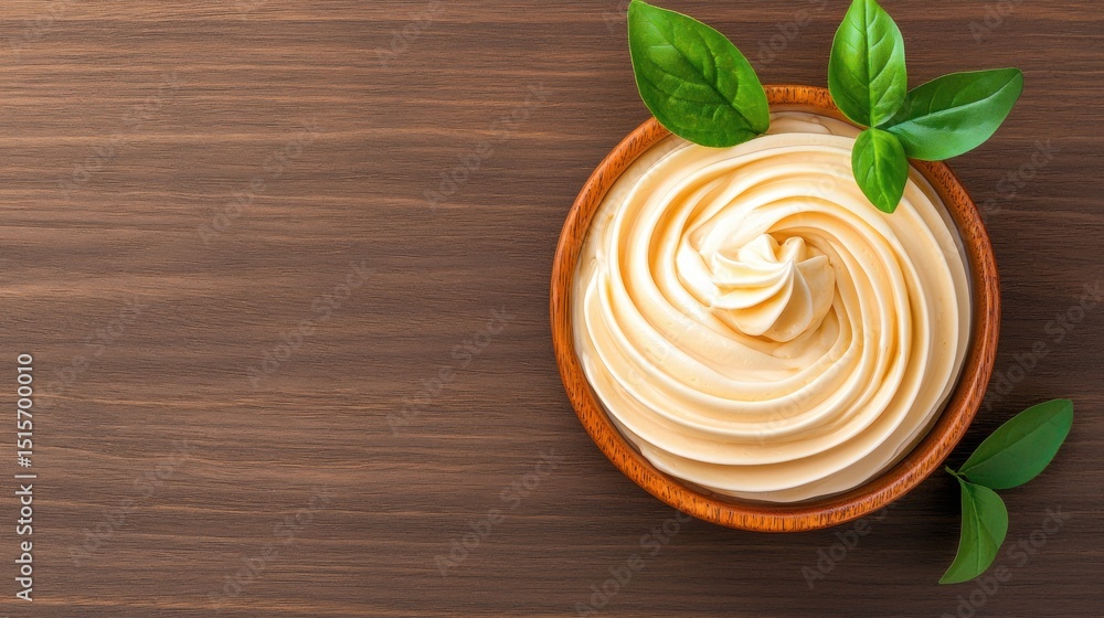 Charming bowl of cream accompanied by lush green leaf perfect for culinary creations and dessert preparation Charming bowl of cream accompanied by lush green leaf perfect for culinary creations and dessert preparation