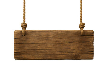 Weathered wooden sign suspended from ropes, ready for custom messaging against transparent backdrop