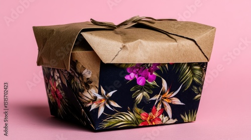 Decorative takeout box with floral design on pink background