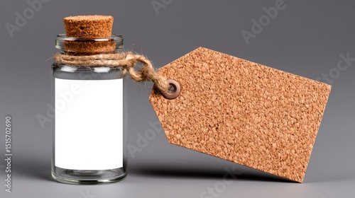 Empty glass bottle with cork stopper and blank tag