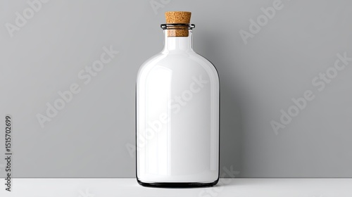 Elegant glass bottle with cork stopper on a minimalist background
