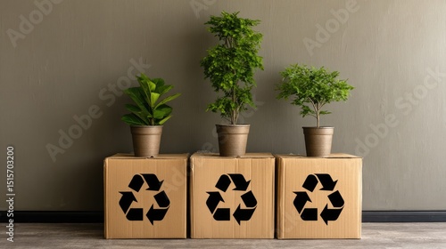 Eco-friendly plants displayed on recycling boxes