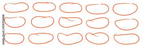 Hand drawn red crayon ovals and circles set. Ellipses in red pencil doodle style. Round freehand shapes, emphasis highlights. Red round rough thin frames. Vector elements for hand drawn diagrams. 