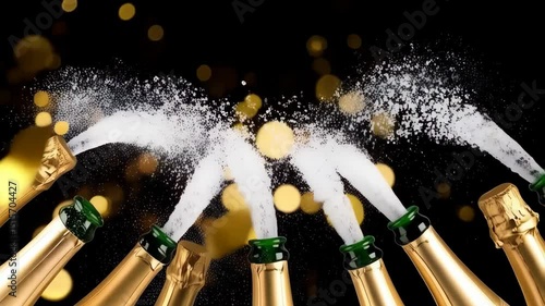 Popping champagne bottles with celebration background, spraying liquid and golden confetti against a dark backdrop