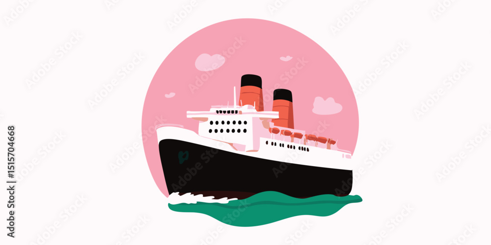 Obraz premium An illustration of a majestic cruise ship navigating serene ocean waters, conveying a sense of adventure and leisure travel under a colorful sky.