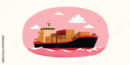 An illustrated cargo ship sails the sea, carrying containers, under a cloudy sky.