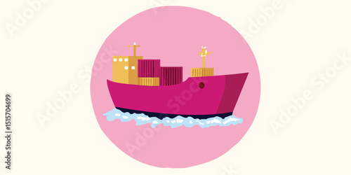 Pink cargo ship sailing on the sea, carrying containers.