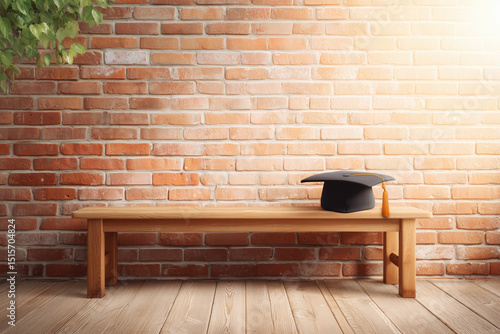 Graduation Cap Resting on Wooden Bench Against Red Brick Wall in Soft Morning Light, Clean and Minimal Composition Symbolizing Academic Achievement and New Beginnings