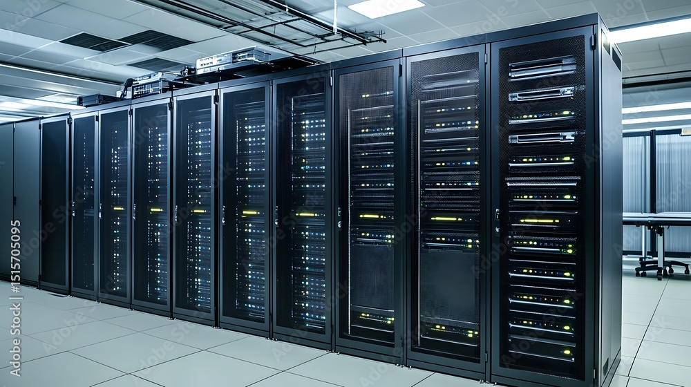 Server racks in a modern data center. Server racks in a modern data center.