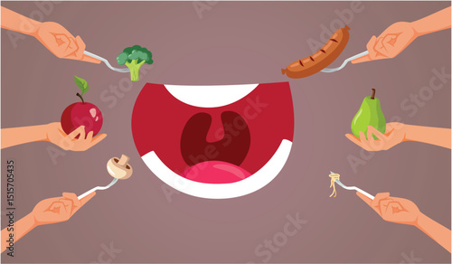 People Feeding a Hungry Greedy Mouth Vector Concept Illustration. Gourmand person having insatiable taste for snaking and overeating 
