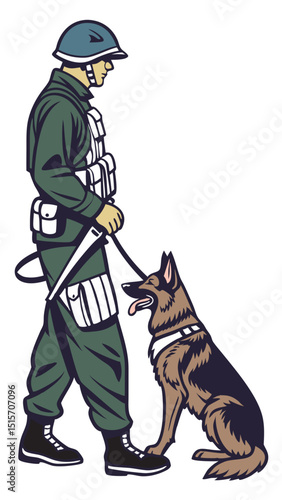 military working dog and handler in vector form, loyal companion theme, white background
