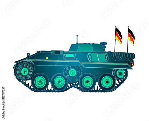 decorated armored vehicle with flags and insignia, side view vector on white
