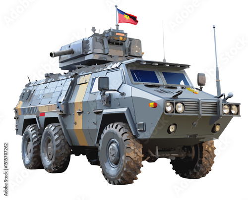 decorated armored vehicle with flags and insignia, side view vector on white
