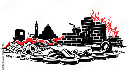 damaged urban battlefield with rubble, tires and bricks, stylized vector on white background
