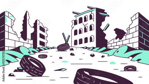 damaged urban battlefield with rubble, tires and bricks, stylized vector on white background
