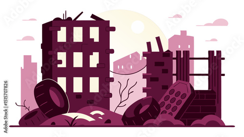 damaged urban battlefield with rubble, tires and bricks, stylized vector on white background
