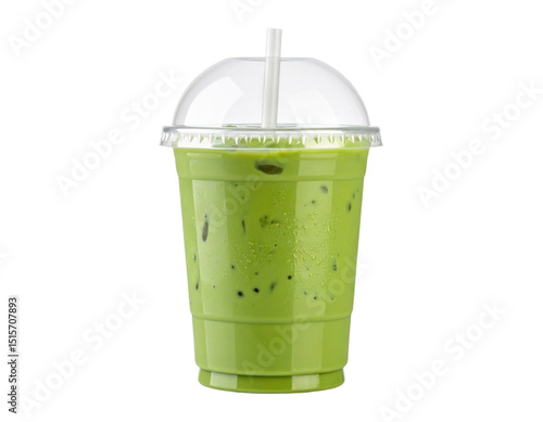 Green iced smoothie drink with kiwi fruit pieces in plastic takeaway cup with dome lid and straw on transparent background