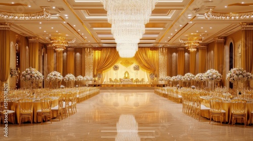 An elegant and opulent banquet hall with golden decor and flowers
