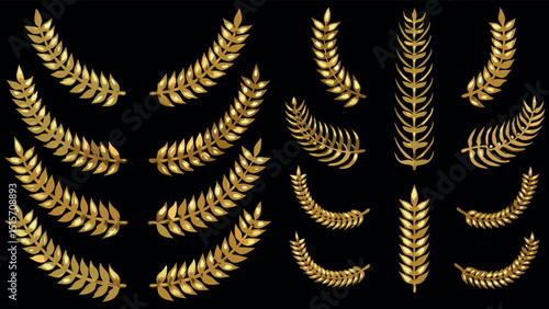 Vector collection of golden laurel wreaths. Classic, decorative symbols for elite branding, awards, regal themes, formal events, and achievement visuals.
