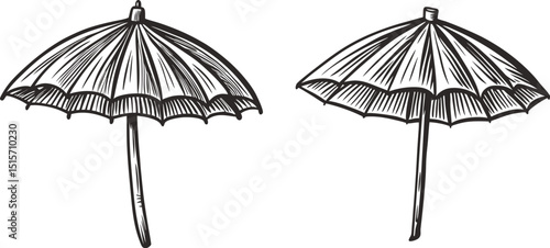 Two hand drawn beach umbrellas summer ink sketch black and white engraving monochrome vector illustration