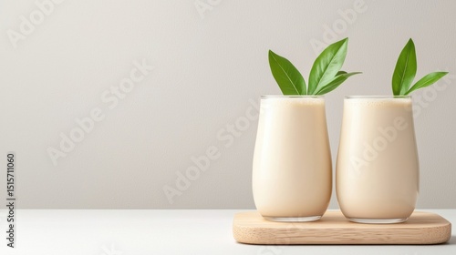 Two tall glasses of fresh milk with a green leaf garnish adding a touch of nature to the refreshing beverage