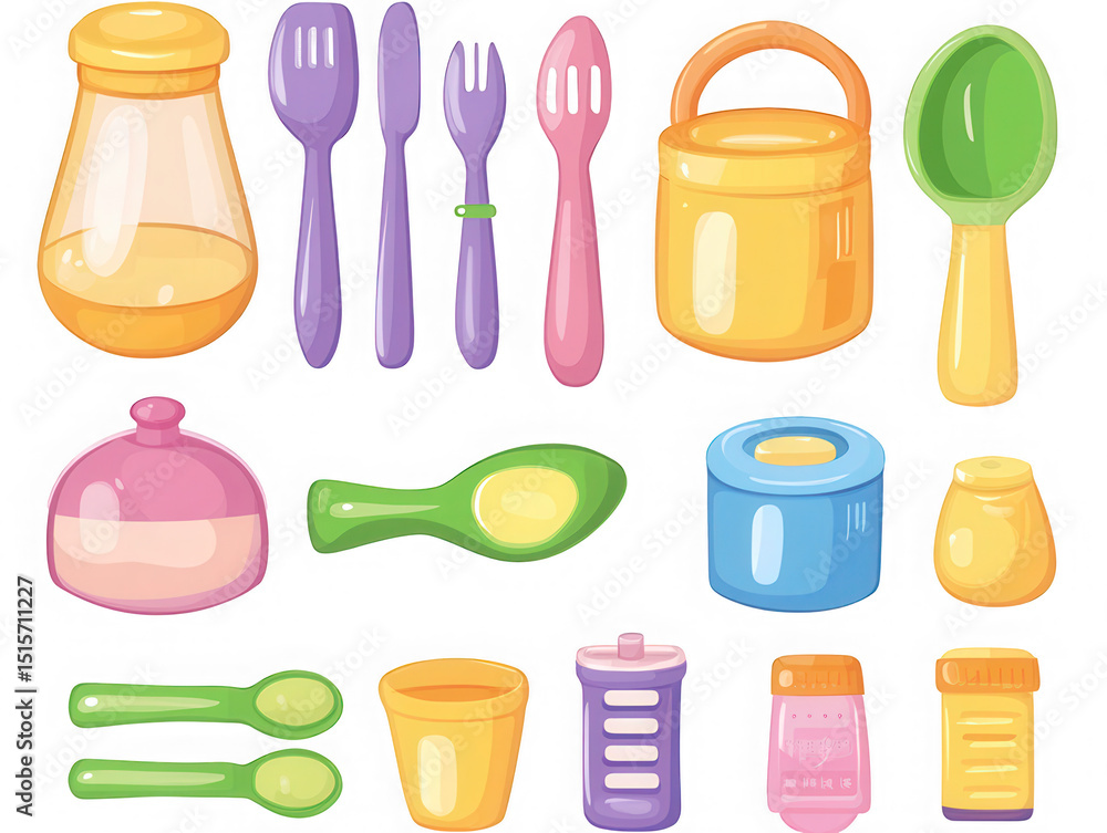 Obraz premium Cartoon Kitchen Utensils and Containers Colorful Set on Transparent Background