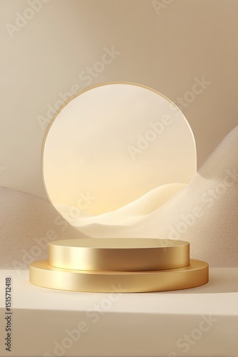 Minimalist gold podium on beige platform with circular cutout revealing soft, undulating background