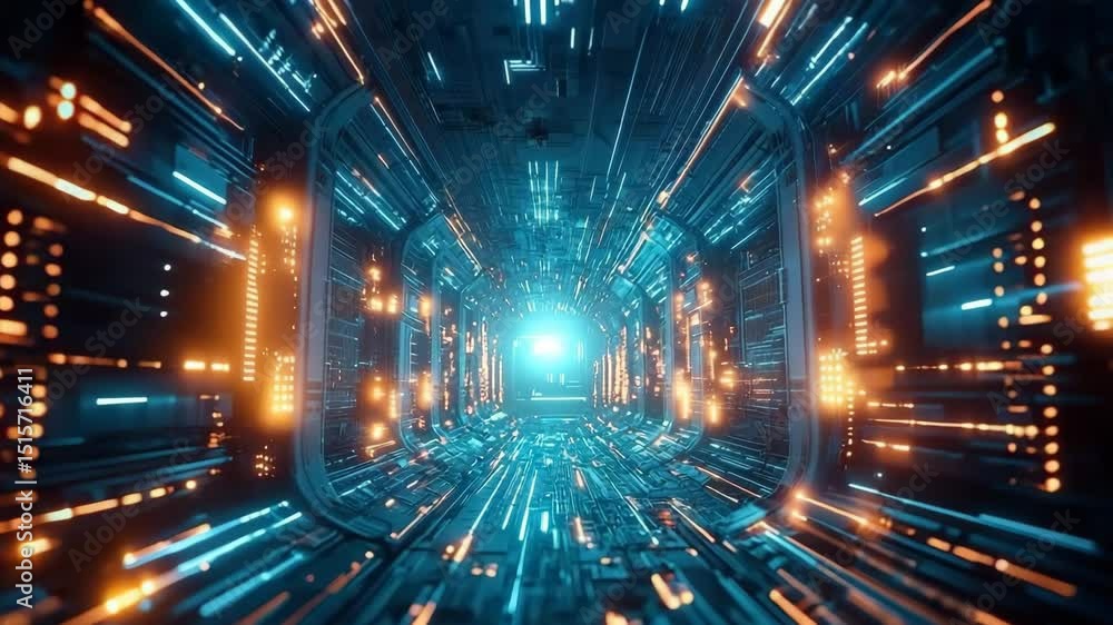 Futuristic corridor and tunnel with glowing blue and orange lights, digital panels, high tech sci fi environment, advanced technology, immersive atmosphere, and innovative digital light patterns Futuristic corridor and tunnel with glowing blue and orange lights, digital panels, high tech sci fi environment, advanced technology, immersive atmosphere, and innovative digital light patterns
