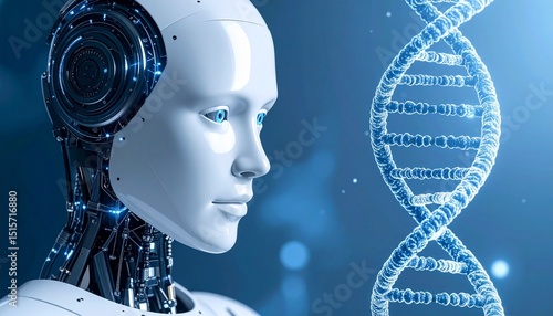 An AI-powered android looking closely at a double helix strand, a concept image representing future technological advancements and scientific breakthroughs.