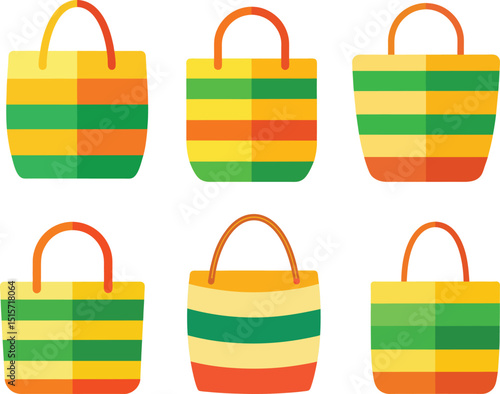 Six striped tote bags in yellow orange and green variations beach bag designs
