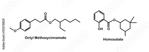 Chemical structure of UVB blocker. Octyl methoxycinnamate and homosalate.
