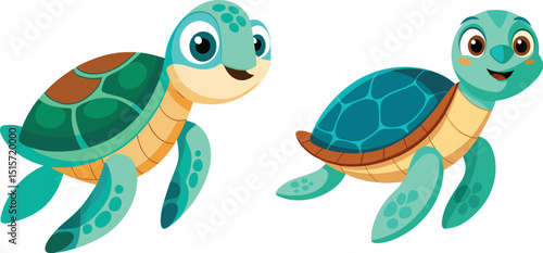 Two adorable cartoon sea turtles swimming happily a cute illustration of ocean wildlife