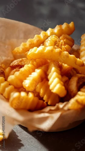 Wallpaper Mural Crispy golden crinkle-cut French fries in a paper container, delicious side dish at restaurant, snack on table, close-up shot. Torontodigital.ca