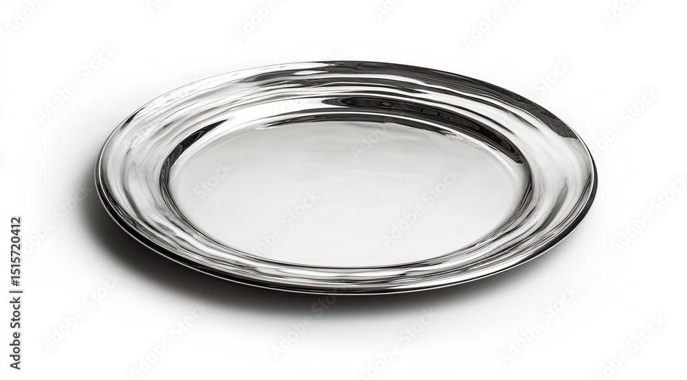 Polished silver circular tray with concentric, raised, wavy rim. Smooth, reflective surface Polished silver circular tray with concentric, raised, wavy rim. Smooth, reflective surface