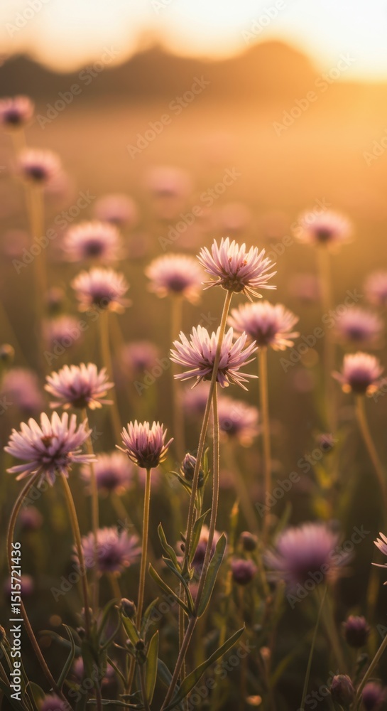 Obraz premium Golden Hour Meadow: Serene Sunset Landscape with Delicate Wildflowers