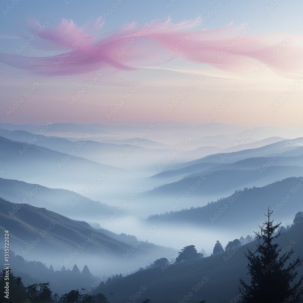 Obraz premium Rolling mountains fading into the distance, sky painted with soft hues of pink and violet, fog settling in valleys, and a quiet silhouette of a lone pine tree