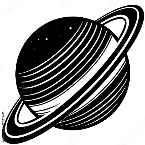 Stylized black and white illustration of saturn