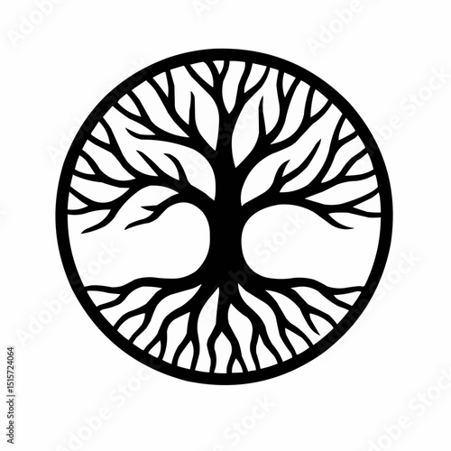 A silhouette vector of a stylized tree featuring spreading roots and branches in a circular layout, characterized by an intricate natural pattern and a bold black, suitable for use as a logo or tattoo