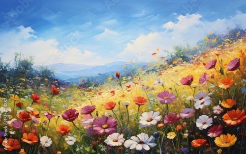 A painting of a field of flowers with a blue sky in the background